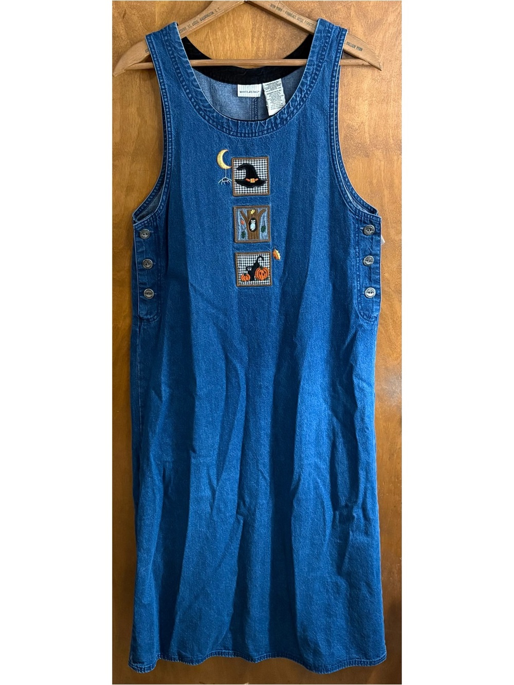 Vintage 90s Denim Jean Overall Maxi Dress Halloween Embroidered Modest Western